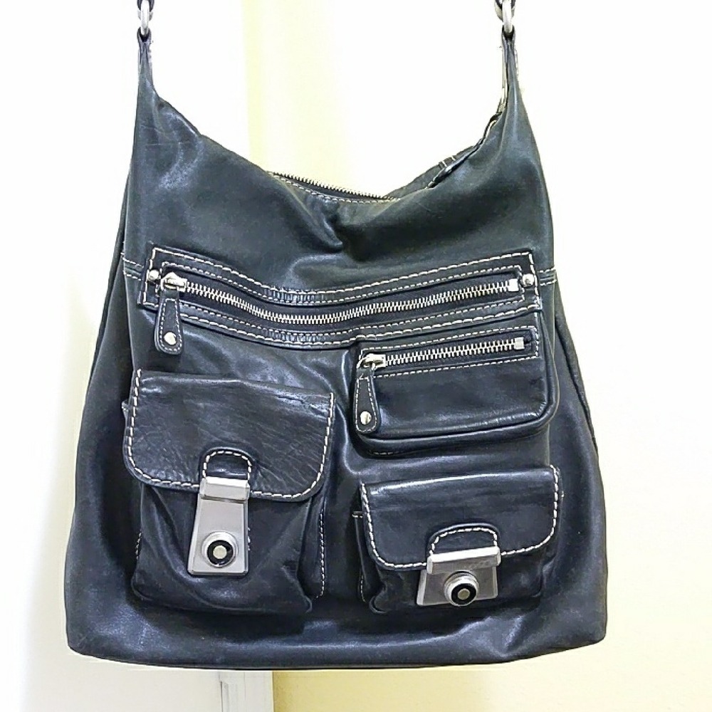Kate Landry Black Leather Hobo Bag Multi Pocket Utility Shoulder Contrast Stitch